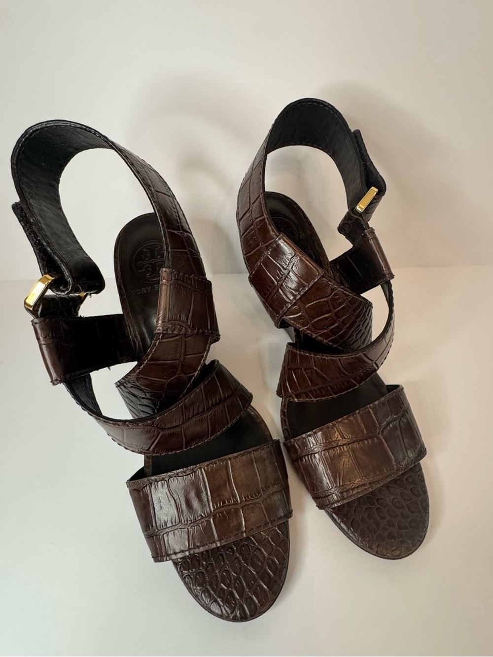 Tory Burch Brown Croc Embossed Leather Wedge Sandals Size 8